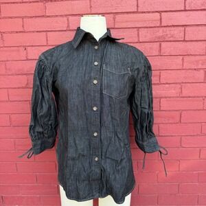 Lauren Ralph Lauren Denim Button Up Shirt Puffed Sleeve Lace Up Detail Dark Wash